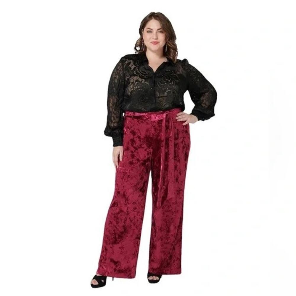 Maree Velvet Wide Leg Pant Belted Waist Burgundy Size 16 NWT